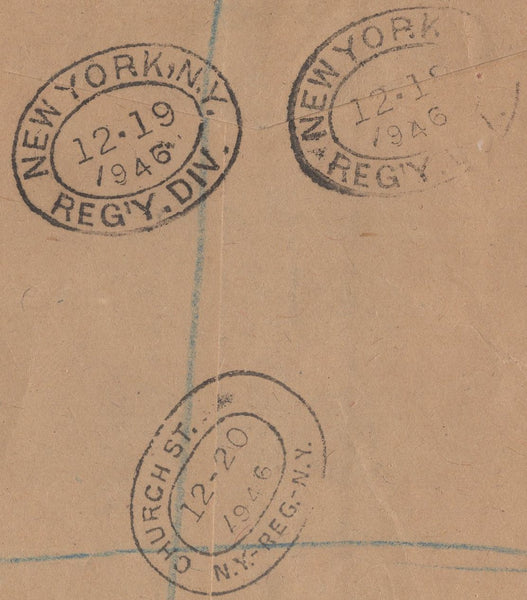 137933 1946 REGISTERED AIR MAIL LONDON TO NEW YORK WITH 2/6 YELLOW-GREEN (SG476b), 5S RED (SG477) AND OTHER VALUES.