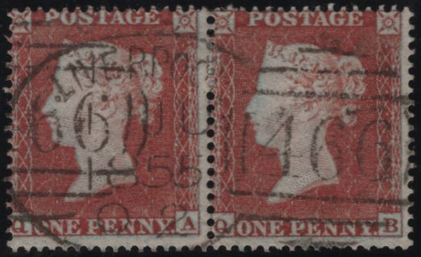 137974 1854 DIE 1 1D RES.PL.5 (SG17) HORIZONTAL PAIR LETTERED QA QB, FINE TO VERY FINE USED.