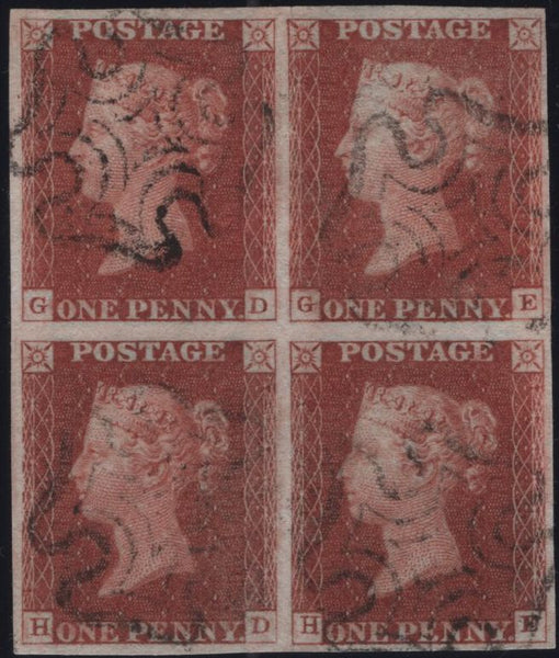 137986 1843 1D PL.36 (SG8) GOOD USED BLOCK OF FOUR LETTERED GD GE HD HE.
