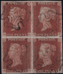 137986 1843 1D PL.36 (SG8) GOOD USED BLOCK OF FOUR LETTERED GD GE HD HE.