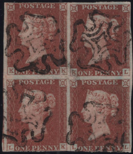 137987 1843 1D PL.28 (SG8) GOOD USED BLOCK OF FOUR LETTERED KK KL LK LL.