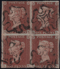 137987 1843 1D PL.28 (SG8) GOOD USED BLOCK OF FOUR LETTERED KK KL LK LL.