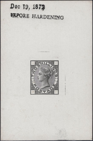 137992 1872 2S DIE PROOF FOR PROPOSED ISSUE WITH COLOURED CORNER LETTERS DESIGN 'B'.