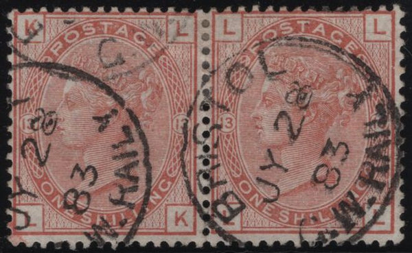 137998 1881 1S ORANGE-BROWN HORIZONTAL PAIR PL.13 (SG163) VERY FINE USED.