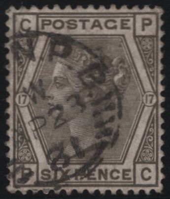 137999 1881 6D GREY PL.17 WMK CROWN (SG161) FINE USED.
