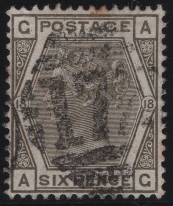 138001 1882 6D GREY PL.18 WMK CROWN (SG161) FINE USED.