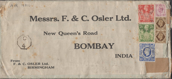138010 1945 AIRMAIL BIRMINGHAM TO INDIA with KGV1 2/6 YELLOW-GREEN (SG476b), 5S RED (SG477) AND 10S ULTRAMARINE (SG478b).