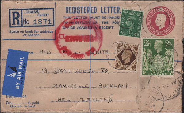 138033 1949 REGISTERED AIRMAIL COBHAM, SURREY TO NEW ZEALAND WITH KGV1 2/6 YELLOW-GREEN (SG476b).