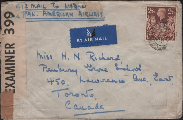 138034 1940 AIRMAIL LONDON TO CANADA WITH KGV1 2/6 BROWN (SG476).
