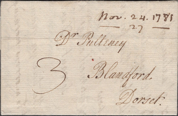 138038 1781 MAIL LYME, DORSET TO BLANDFORD WITH 'LYME' HAND STAMP (DT304).