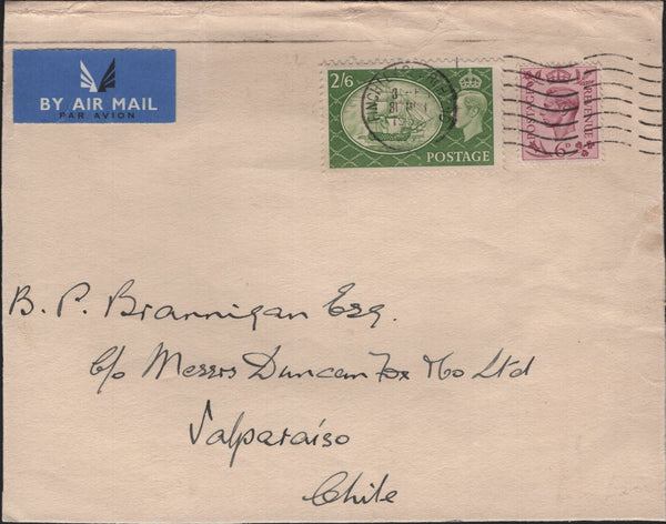 138042 1952 AIRMAIL FINCHLEY CHURCH END TO CHILE WITH 2/6 YELLOW-GREEN (SG509).