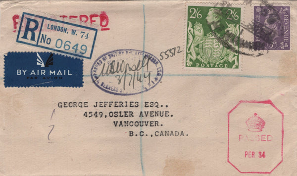 138045 1944 REGISTERED AIRMAIL LONDON TO CANADA WITH KGV1 2/6 YELLOW-GREEN (SG476b).