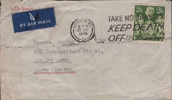 138046 1946 AIRMAIL LONDON TO SOUTH AFRICA WITH 2/6 YELLOW-GREEN (SG476b).