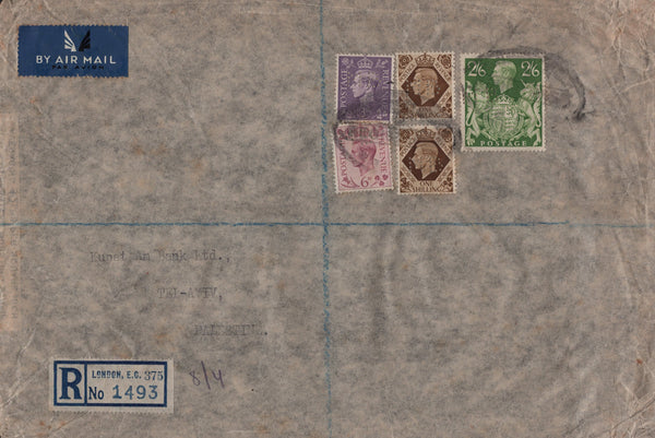 138047 1947 REGISTERED AIRMAIL LONDON TO TEL AVIV, PALESTINE WITH KGV1 2/6 YELLOW-GREEN (SG476b).