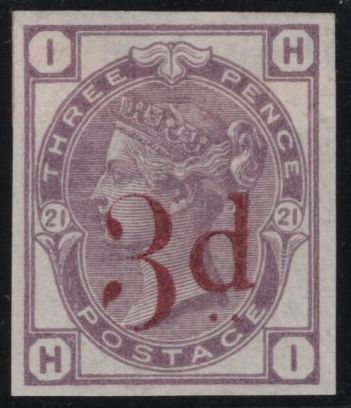 138077 1883 3D LILAC SURCHARGED '3d' IN CARMINE (SG159) VERY FINE IMPERFORATE IMPRIMATUR.