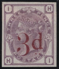 138077 1883 3D LILAC SURCHARGED '3d' IN CARMINE (SG159) VERY FINE IMPERFORATE IMPRIMATUR.