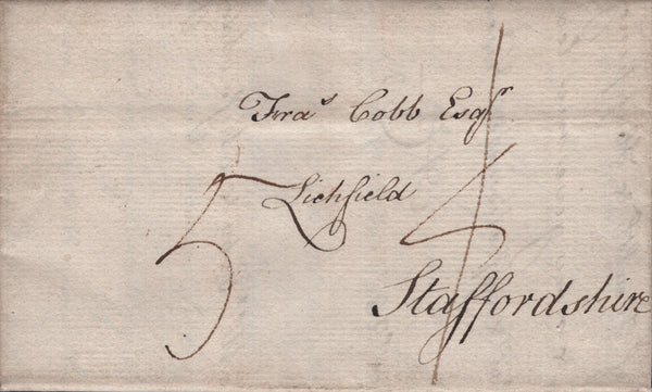 138093 1781 MAIL TWICKENHAM TO LICHFIELD WITH 'ISLE/WORTH' HAND STAMP, UNRECORDED IN COUNTY CATALOGUE.