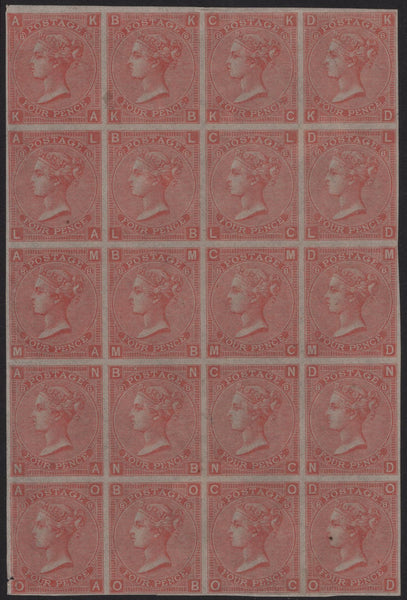 138127 1866 4D VERMILION PL.8 (SG94) IMPERFORATE PLATE PROOF BLOCK OF TWENTY.