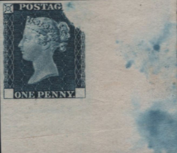 138128 1840 1D RAINBOW TRIAL SUPERB CORNER EXAMPLE IN PRUSSIAN BLUE (SPEC DP20Cb).