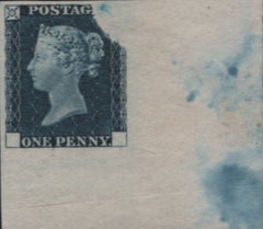 138128 1840 1D RAINBOW TRIAL SUPERB CORNER EXAMPLE IN PRUSSIAN BLUE (SPEC DP20Cb).