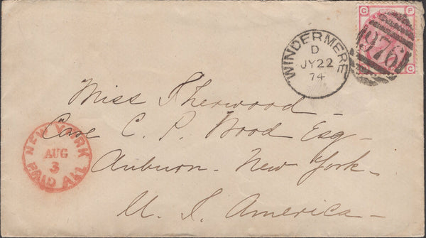 138133 1874 MAIL WINDERMERE, WESTMORLAND TO NEW YORK WITH 3D ROSE PL.14 (SG143).