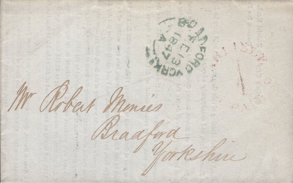 138160 1847 MAIL CARLISLE TO BRADFORD, YORKS WITH 'CARLISLE/1/PAID' UNIFORM PENNY POST HAND STAMP (CU185).