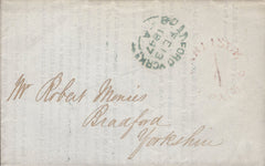 138160 1847 MAIL CARLISLE TO BRADFORD, YORKS WITH 'CARLISLE/1/PAID' UNIFORM PENNY POST HAND STAMP (CU185).