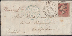 138172  1857 LARGE PART WRAPPER SOUTHAMPTON TO 'ECCLEFECHAN, CARLISLE' WITH MANUSCRIPT 'Missent to' WITH 'CARLISLE' DATE STAMP.
