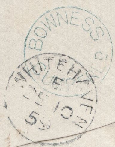 138174 1859 1D PINK ENVELOPE CARLISLE TO WHITEHAVEN WITH 'BOWNESS/CUMBERLD' UDC (19MM).
