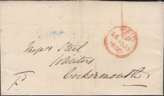 138176 1850 MAIL LONDON TO COCKERMOUTH WITH UNIFORM PENNY POST '1' HAND STAMP.