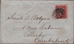 138183 1858 MAIL WIGTON TO ALLONBY WITH DIE 2 1D (SG40) '879' NUMERAL OF WIGTON.
