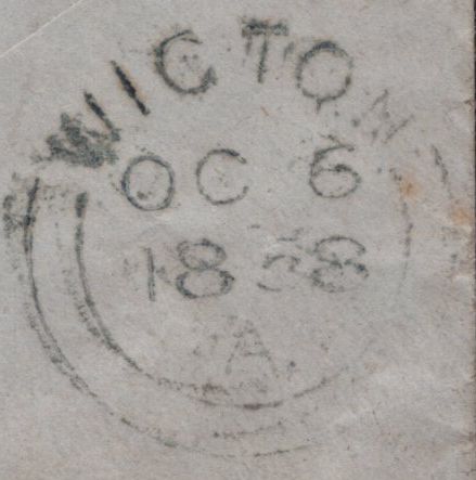 138183 1858 MAIL WIGTON TO ALLONBY WITH DIE 2 1D (SG40) '879' NUMERAL OF WIGTON.