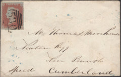 138194 1850 MAIL MILNTHORPE, WESTMORLAND TO NEWTON RIGG, CUMBERLAND WITH 'MILNTHORPE/2' SKELETON HAND STAMP (UNRECORDED) AND 'GRANGE' UDC.