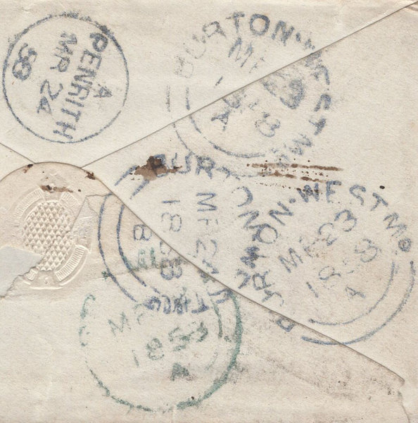 138196 1858 UNDELIVERED ? MAIL LEEDS TO KIRKBY LONSDALE WITH VARIOUS DATE STAMPS.