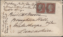 138198 1851 MAIL LONDON TO MILNTHORPE, WESTMORLAND WITH PAIR 1D (SG8)(BI BJ).