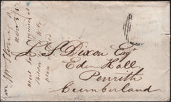 138208 1852 MAIL BISHOPS AUCKLAND, DURHAM TO PENRITH (STAMP REMOVED), 'EDENHALL' UDC AND '165' CARLISLE NUMERAL ON REVERSE.