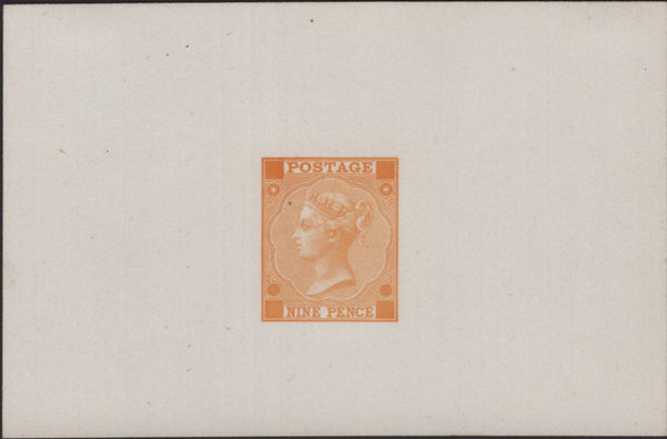 138210 CIRCA 1870 9D DIE PROOF TYPE J21 IN YELLOW ON MATT CARD FOR 1871 LONDON INTERNATIONAL EXHIBITION.
