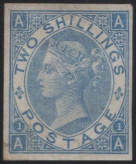 138219 1867 2S PALE BLUE ERROR IMPERFORATE PLATE ONE (SG120aa) LETTERED AA MATCHED WITH CORNER IMPERFORATE IMPRIMATUR FROM THE SECOND REGISTRATION SHEET ALSO LETTERED AA.