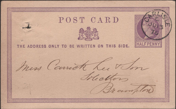 138230 1876 ½D MAUVE POST CARD CARLISLE TO BRAMPTON WITH 'CARLISLE' CDS.