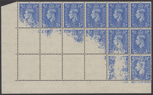 138243 1941 2½D LIGHT ULTRAMARINE (SG489) SUPERB DRY PRINT BLOCK OF 18 WITH THREE BLANK STAMPS AND CYLINDER NUMBER MISSING.