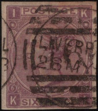 138248 1867 6D LILAC PL.6 ERROR IMPERFORATE (SG104a) USED.
