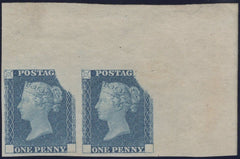 138255 1840 RAINBOW TRIAL CORNER MARGINAL PAIR IN DULL BLUE ON THIN WHITE WOVE PAPER.