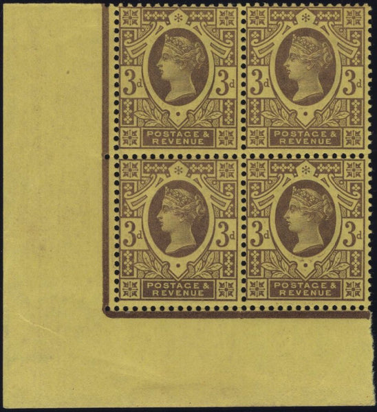138264 1887 3D PURPLE AND YELLOW (SG202) UNMOUNTED CORNER MARGINAL BLOCK OF FOUR.