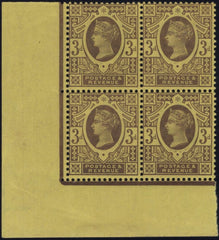 138264 1887 3D PURPLE AND YELLOW (SG202) UNMOUNTED CORNER MARGINAL BLOCK OF FOUR.