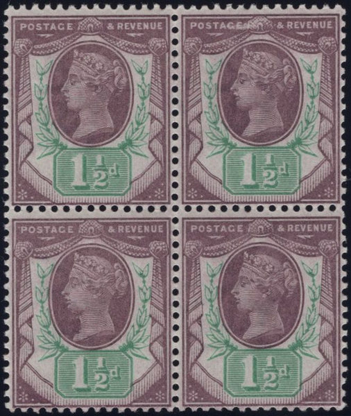 138265 1887 1½D DULL PURPLE AND PALE GREEN (SG198) UNMOUNTED O.G. BLOCK OF FOUR.