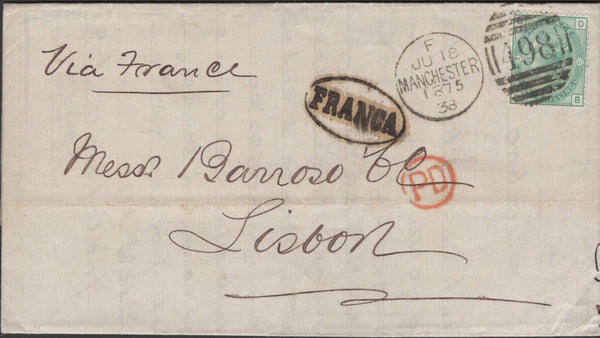 138274 1875 MAIL MANCHESTER TO LISBON WITH 1S GREEN PLATE ELEVEN (SG150).