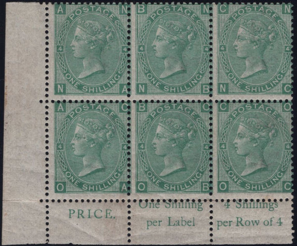 138279 1867 1S GREEN PL.4 WMK SPRAY (SG117) UNUSED LOWER LEFT CORNER MARGINAL BLOCK OF SIX.