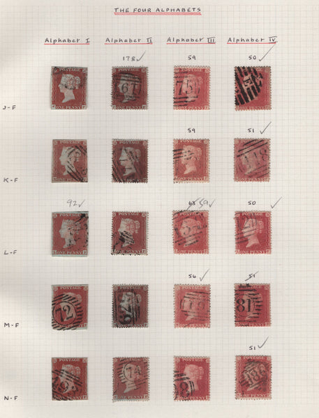 138282 1841-1861 STUDY OF THE FOUR ALPHABETS OF THE 1D RED ISSUE LETTERED AF-TF (79 STAMPS).