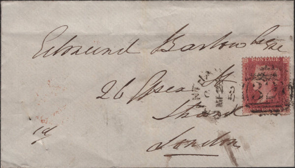 138287 1858 MAIL GRANTHAM TO LONDON WITH DIE 2 1D PL.44 (SG36), ON REVERSE 'Belvoir Castle' EMBOSSED IMAGE.