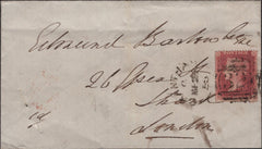 138287 1858 MAIL GRANTHAM TO LONDON WITH DIE 2 1D PL.44 (SG36), ON REVERSE 'Belvoir Castle' EMBOSSED IMAGE.